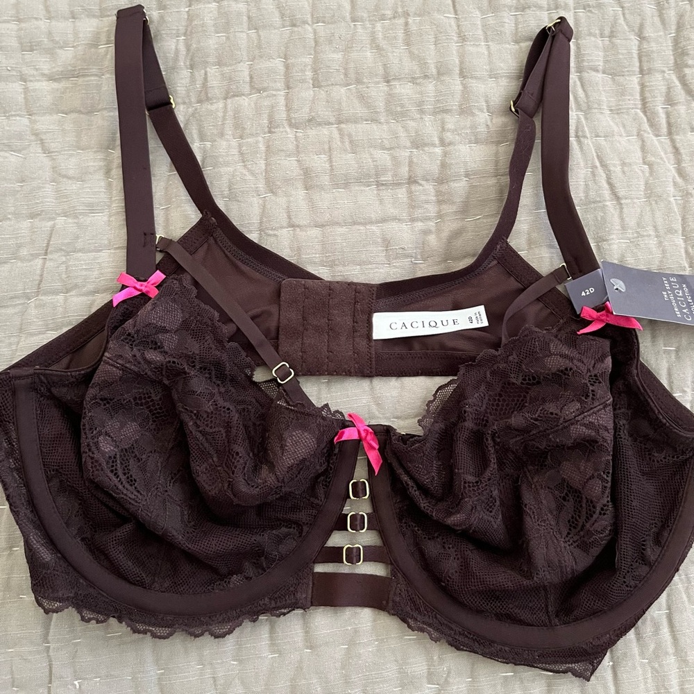 Cacique 42D curvy balconette Brown lace underwire pink bow